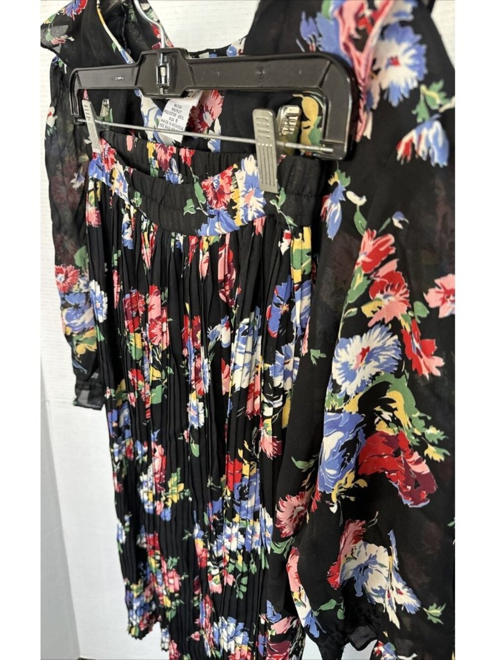 Koret Floral Pleated Skirt Sheer Button-Up Blouse Set 8 Black Multicolor Elastic - Picture 6 of 13
